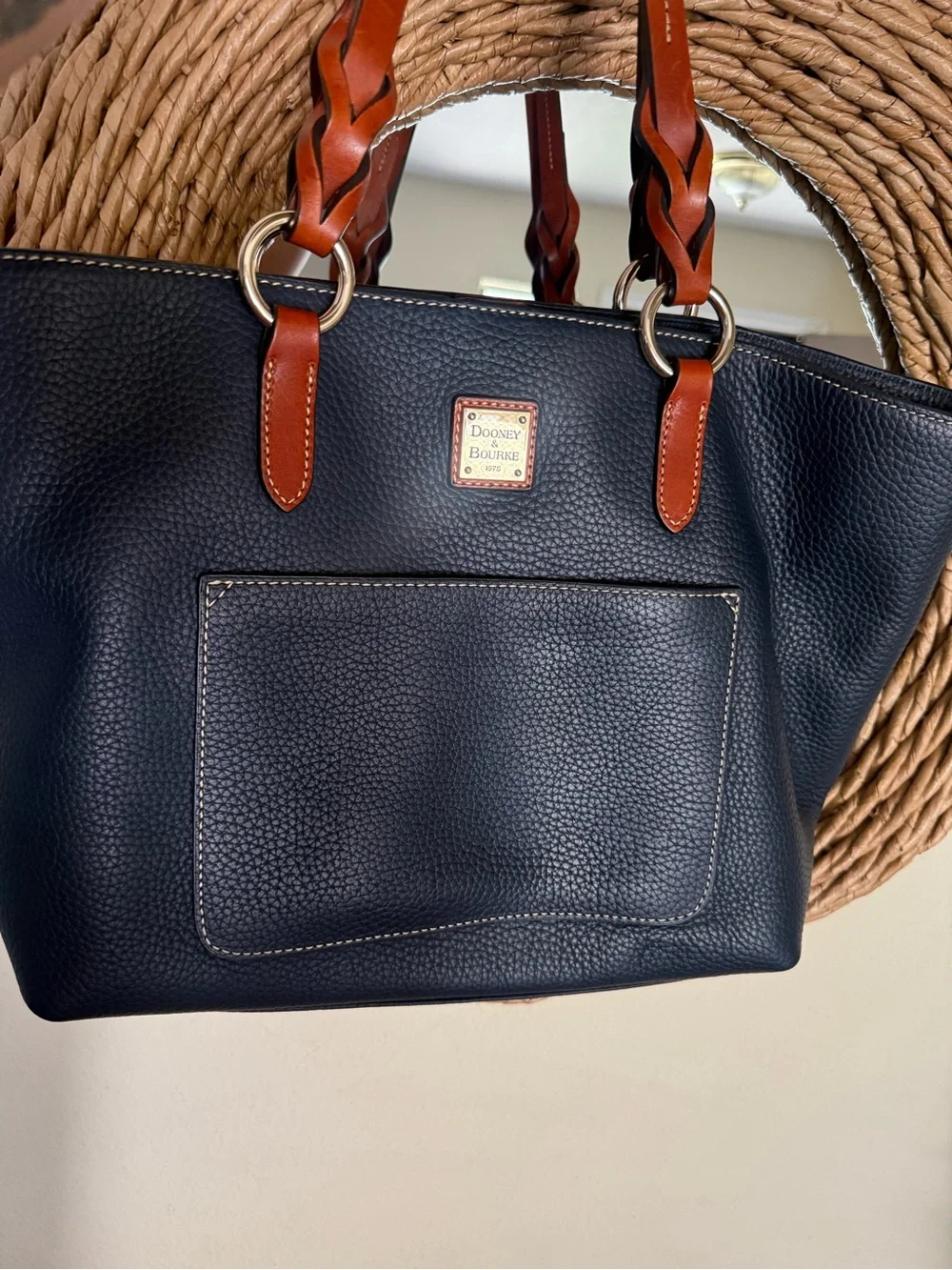 Dooney & Bourke Navy Leather Tote with Tan Braided Handles